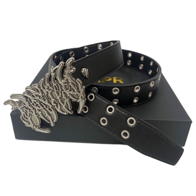 Y2K Dark Flame Metal Buckle Leather Belt Eyelet Studded Punk Waist